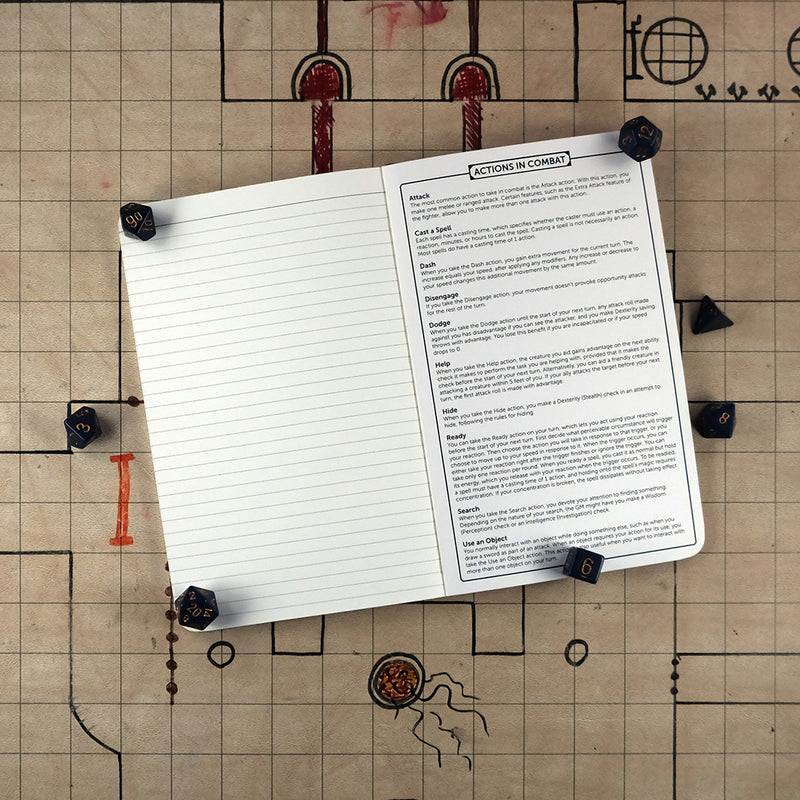 Last page and inside back cover of the DIY character notebook with a ruled page for note taking on the left and a list of actions in combat on the right. The notebook sits on a grid map surrounded by dice.