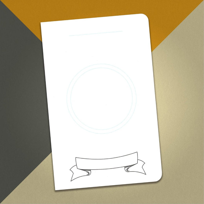 A large DIY character notebook with a white cover and an illustration of a two blue circles for creating your own character icon on an orange, cream and grey background.