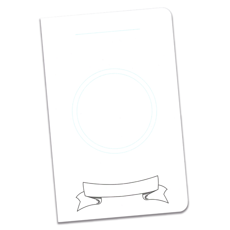 A large DIY character notebook with a white cover and an illustration of a two blue circles for creating your own character icon on a transparent background.