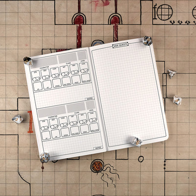 Pages of a Dungeon Master notebook showing two character sheets on the left page and a graph page for side quests on the right on a grid map surrounded by dice.