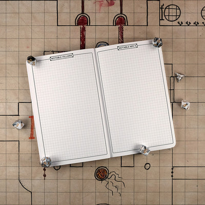 Pages of a Dungeon Master notebook with a graph page for notable villians on the left and a graph page for notable NPC's on the right on a grid map surrounded by dice.