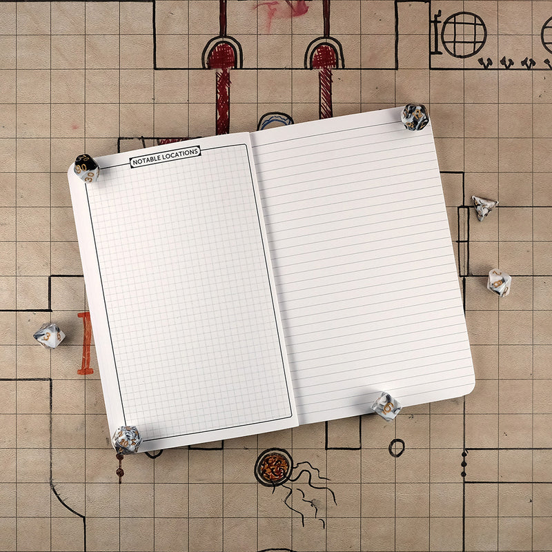 Pages of a Dungeon Master notebook with a graph page for notable locations on the left and ruled paper on the right on a grid map surrounded by dice.