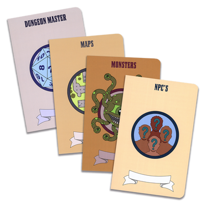 Set of four Dungeons and Dragons notebooks on a transparent background.