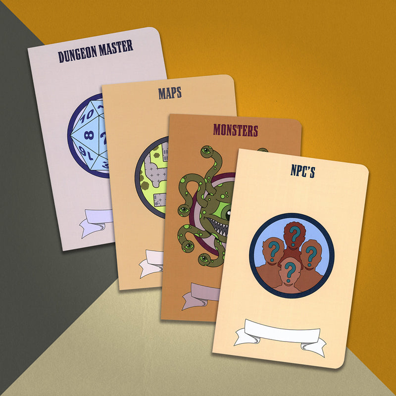 Set of four Dungeons and Dragons notebooks on an orange, cream and grey background.