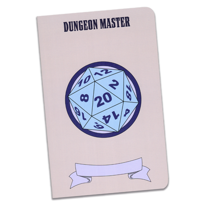 A large gray Dungeon Master notebook with an illustration of a blue 20 sided die on a transparent background.