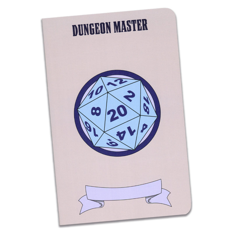 A large gray Dungeon Master notebook with an illustration of a blue 20 sided die on a transparent background.