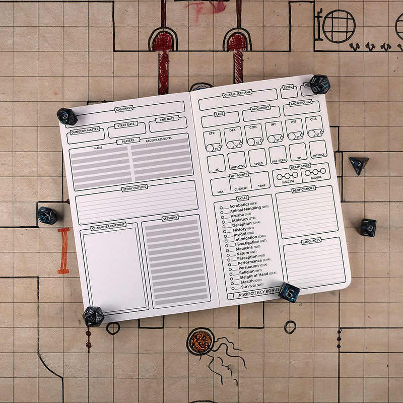 Inside cover and first page of the fighter notebook with a blank campaign tracking sheet on the left and a blank character sheet on the right. The notebook sits on a grid map surrounded by dice.