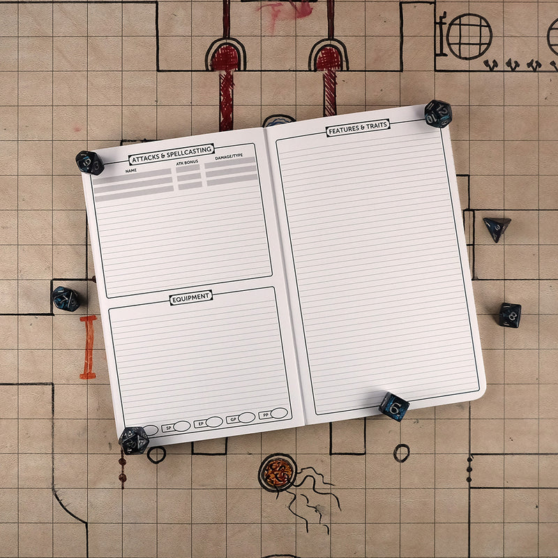 Second and third pages of the fighter notebook with areas for tracking attacks & spellcasting and equipment on the right and a ruled sheet for features & traits on the right. The notebook sits on a grid map surrounded by dice.