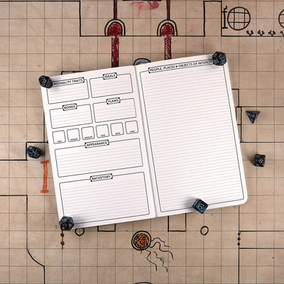 Fourth and fifth pages with further character trait tracking on the left and a sheet for people, places & objects of interest on the right. The notebook sits on a grid map surrounded by dice.