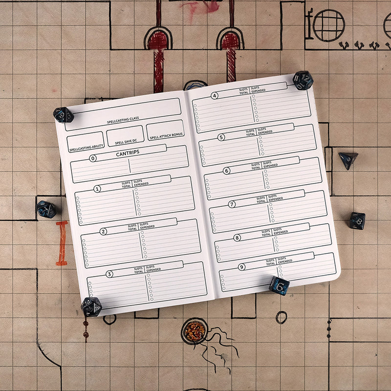 Sixth and seventh pages of the fighter notebook with blank areas for tracking your characters spells. The notebook sits on a grid map surrounded by dice.