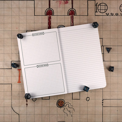 Eighth page of the fighter notebook with a graph sections for action surge and second wind on the right. On the left is a blank ruled page for note taking. The notebook sits on a grid map surrounded by dice.