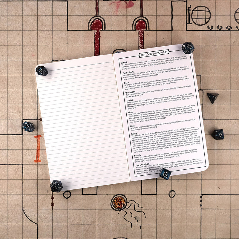 Last page and inside back cover of the fighter notebook with a ruled page for note taking on the left and a list of actions in combat on the right. The notebook sits on a grid map surrounded by dice.