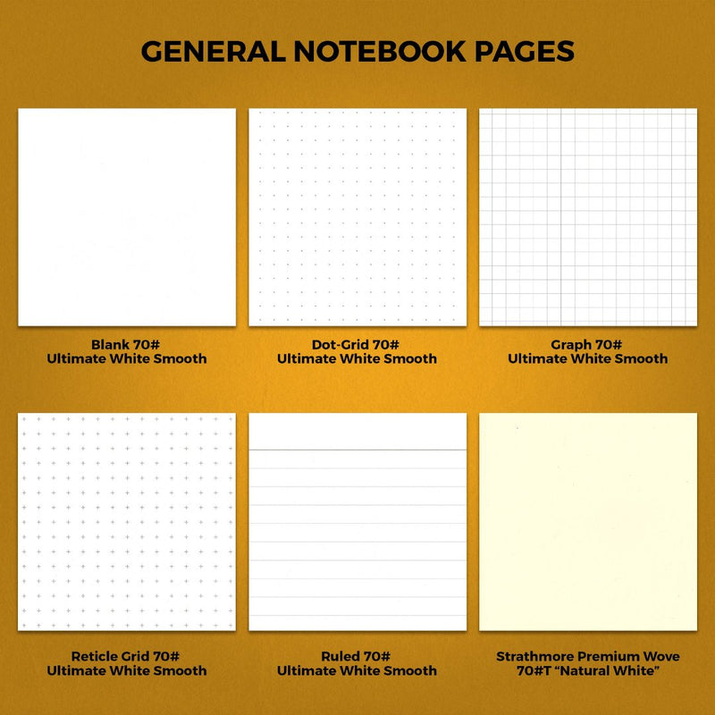 Examples of general notebook page options which include blank, dot-grid, graph, reticle grid and ruled 70