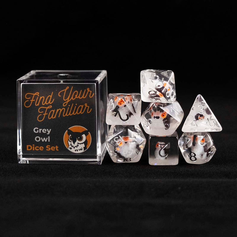 A set of clear polyhedral dice with grey owl inclusions sitting to the right of a small acrylic box with the words "Find Your Familiar" and "Grey Owl Dice Set" on a black background.