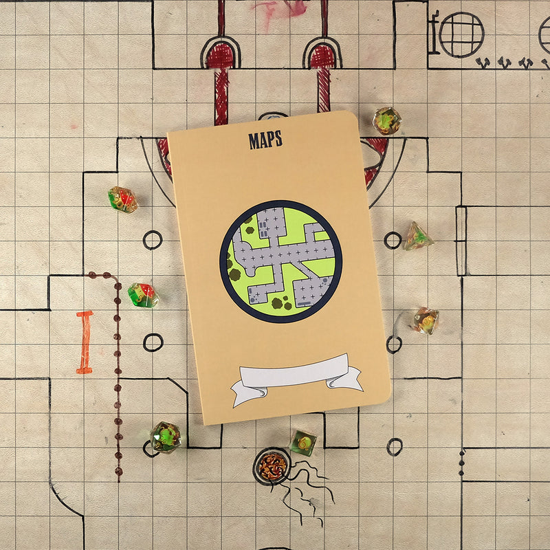 A large brown Maps notebook with an illustration of a reticle grid map of a dungeon on a grid map surrounded by dice.