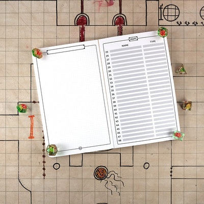 Pages of a Maps notebook with a  blank reticle grid with a border on the left and a blank table of contents on the right on a grid map surrounded by dice.