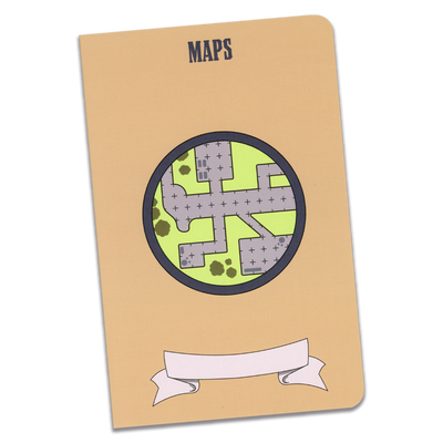 A large brown Maps notebook with an illustration of a reticle grid map of a dungeon on a transparent background.