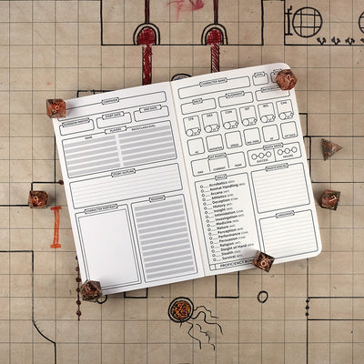 Inside cover and first page of the monk notebook with a blank campaign tracking sheet on the left and a blank character sheet on the right. The notebook sits on a grid map surrounded by dice.