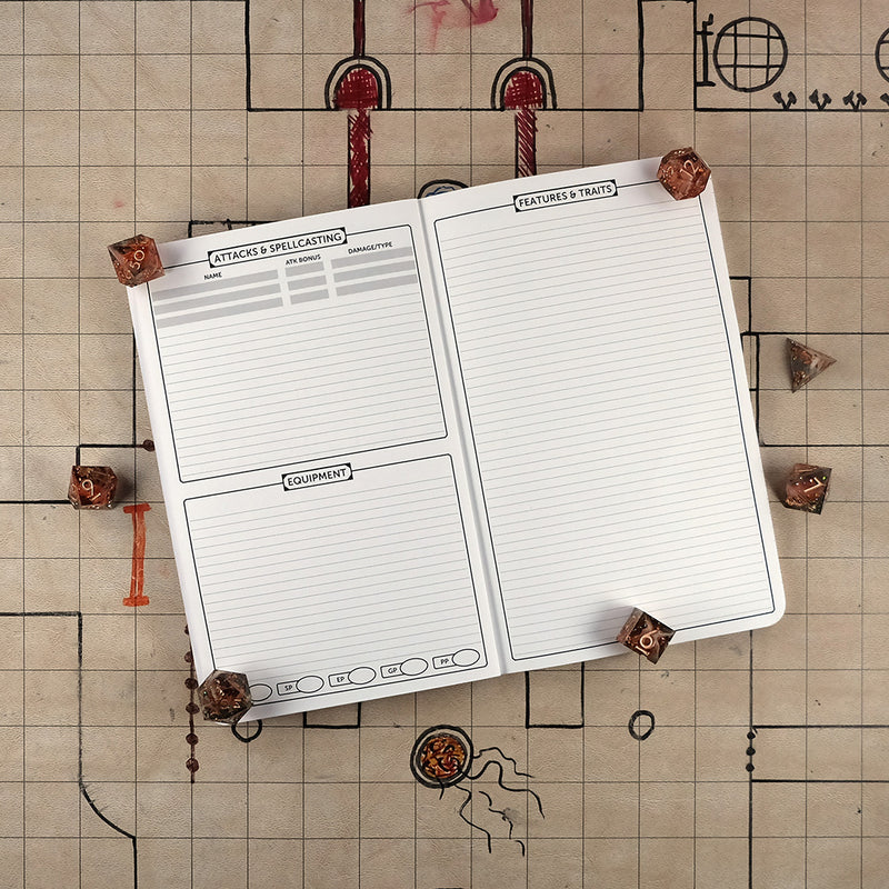 Second and third pages of the monk notebook with areas for tracking attacks & spellcasting and equipment on the right and a ruled sheet for features & traits on the right. The notebook sits on a grid map surrounded by dice.