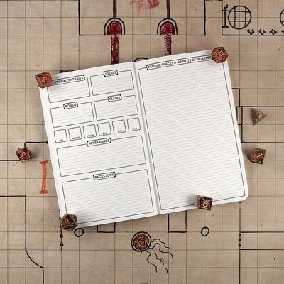 Fourth and fifth pages with further character trait tracking on the left and a sheet for people, places & objects of interest on the right. The notebook sits on a grid map surrounded by dice.