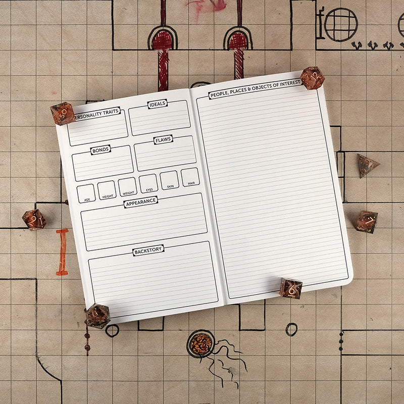 Fourth and fifth pages with further character trait tracking on the left and a sheet for people, places & objects of interest on the right. The notebook sits on a grid map surrounded by dice.