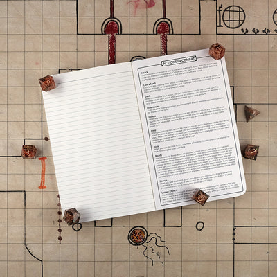 Last page and inside back cover of the monk notebook with a ruled page for note taking on the left and a list of actions in combat on the right. The notebook sits on a grid map surrounded by dice.