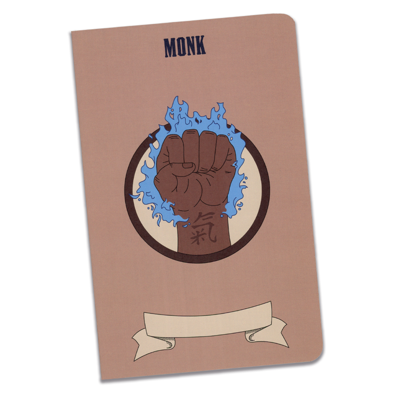 A large monk notebook with a light brown cover and an illustration of a fist surrounded by blue flames on a transparent background.