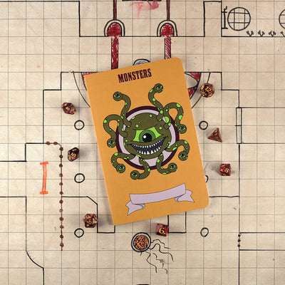 A large rusty orange cover for a Monsters notebook with an illustration of a green Beholder on a grid map surrounded by dice.