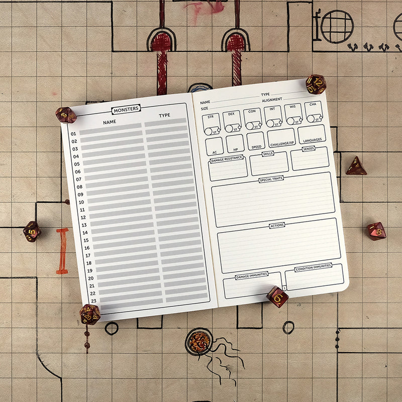 Pages of a Monsters notebook with a blank table of contents on the left and a blank monster sheet on the right on a grid map surrounded by dice.