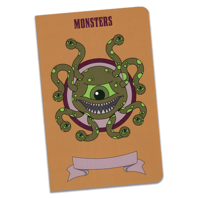 A large rusty orange monsters notebook with an illustration of a green Beholder on a transparent background.