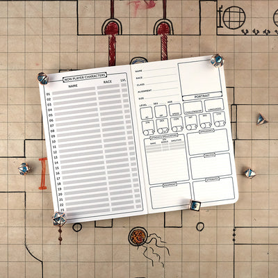 Pages of an NPC's notebook with a blank table of contents on the left and a blank NPC character sheet on the right on a grid map surrounded by dice.