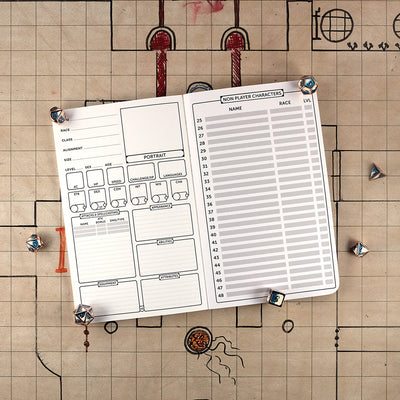 Pages of an NPC's notebook with a  blank NPC character sheet on the left and a blank table of contents on the right on a grid map surrounded by dice.