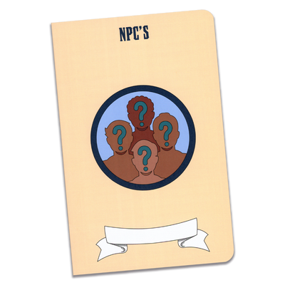 A large cream color NPC's notebook cover with an illustration of four silhouettes with blue question marks where their faces should be on a transparent background.