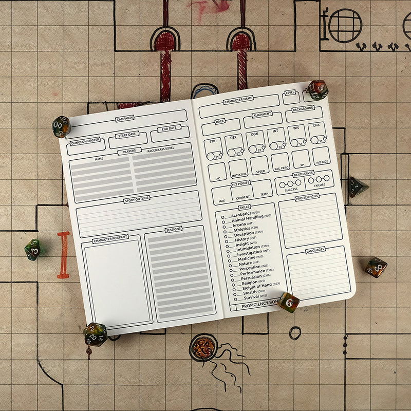 Inside cover and first page of the paladin notebook with a blank campaign tracking sheet on the left and a blank character sheet on the right. The notebook sits on a grid map surrounded by dice.