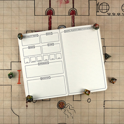 Fourth and fifth pages with further character trait tracking on the left and a sheet for people, places & objects of interest on the right. The notebook sits on a grid map surrounded by dice.