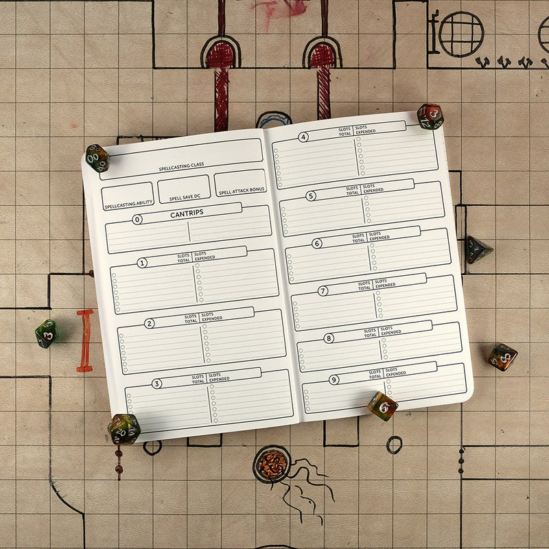 Sixth and seventh pages of the paladin notebook with blank areas for tracking your characters spells. The notebook sits on a grid map surrounded by dice.