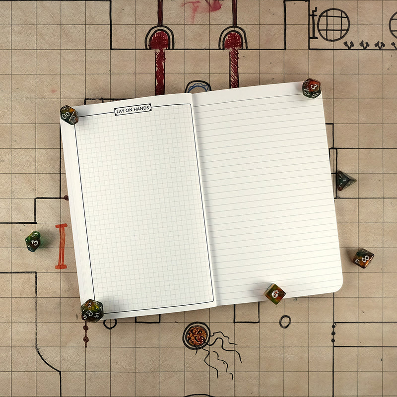 Eighth page of the paladin notebook with a graph page for Lay On Hands on the right. On the left is a blank ruled page for note taking. The notebook sits on a grid map surrounded by dice.