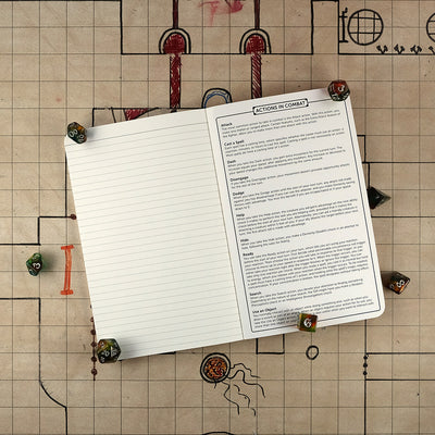 Last page and inside back cover of the paladin notebook with a ruled page for note taking on the left and a list of actions in combat on the right. The notebook sits on a grid map surrounded by dice.