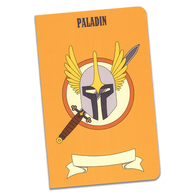 A large paladin notebook with an orange cover and an illustration of sword and a winged helm on a transparent background.