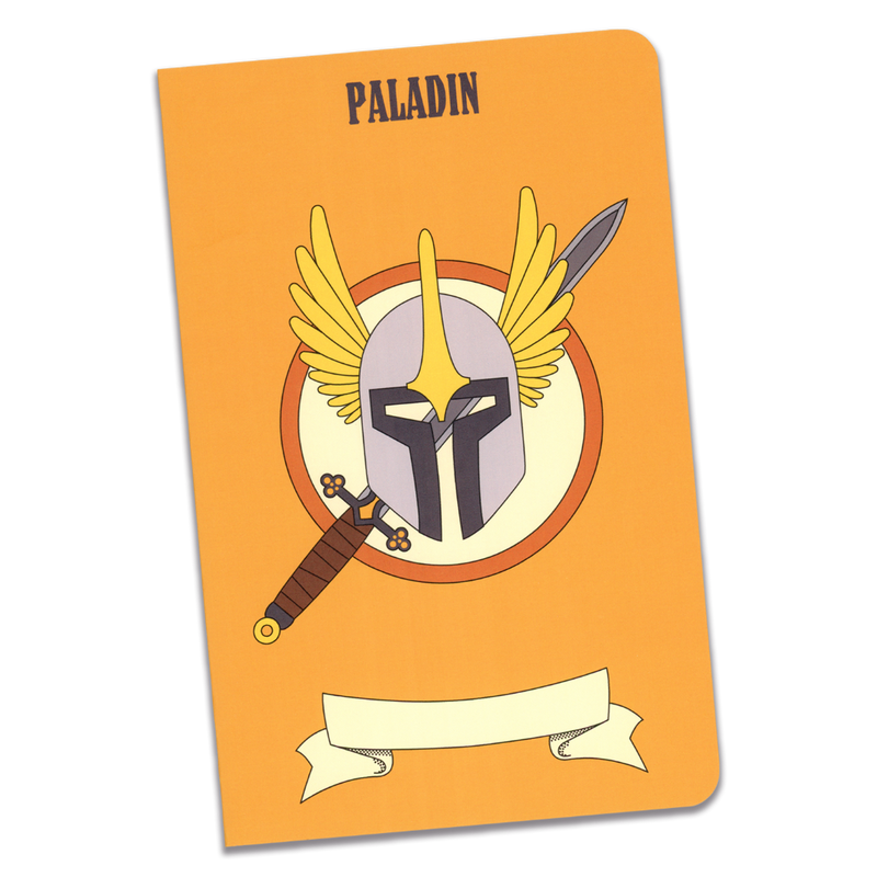 A large paladin notebook with an orange cover and an illustration of sword and a winged helm on a transparent background.