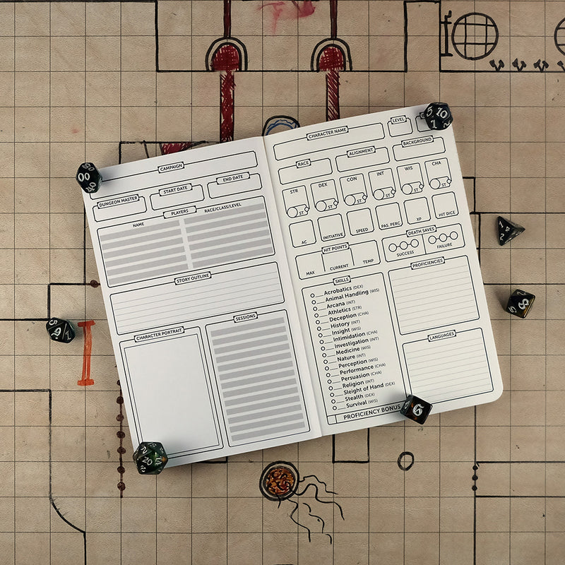 Inside cover and first page of the ranger notebook with a blank campaign tracking sheet on the left and a blank character sheet on the right. The notebook sits on a grid map surrounded by dice.