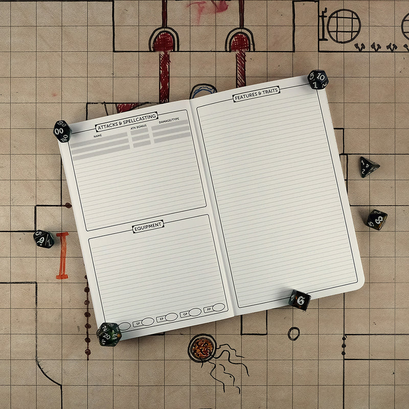 Second and third pages of the ranger notebook with areas for tracking attacks & spellcasting and equipment on the right and a ruled sheet for features & traits on the right. The notebook sits on a grid map surrounded by dice.