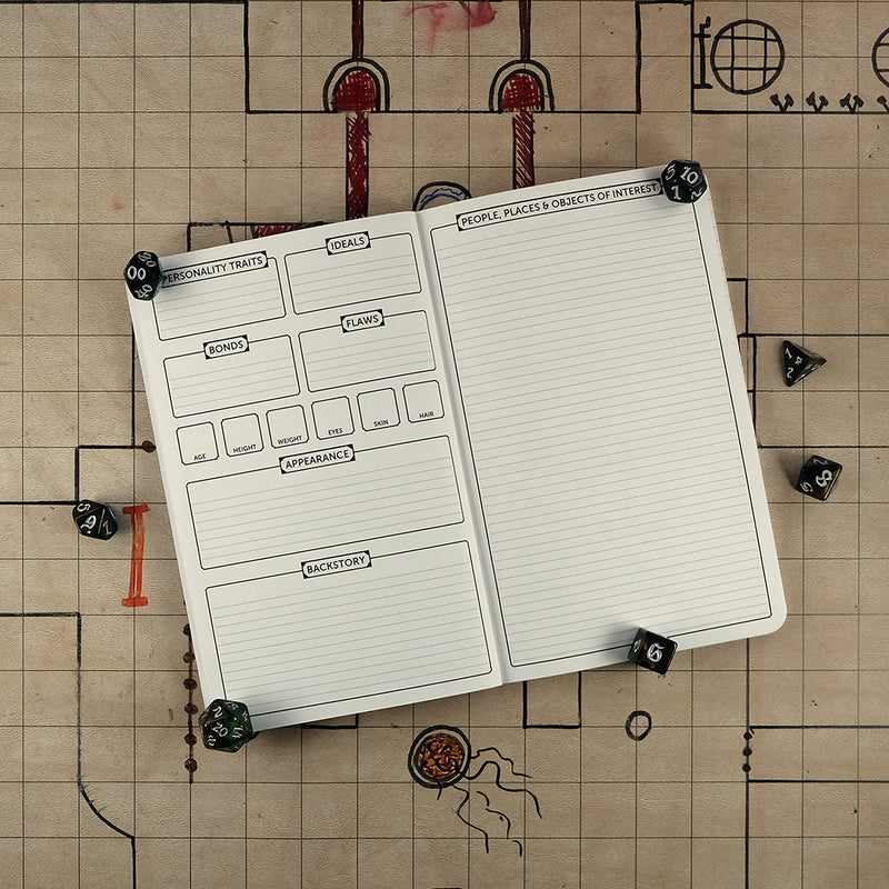 Fourth and fifth pages with further character trait tracking on the left and a sheet for people, places & objects of interest on the right. The notebook sits on a grid map surrounded by dice.