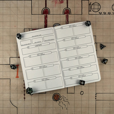 Sixth and seventh pages of the ranger notebook with blank areas for tracking your characters spells. The notebook sits on a grid map surrounded by dice.