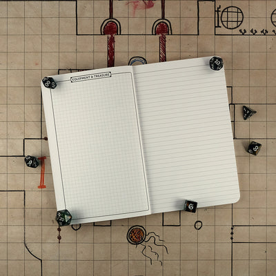 Eighth page of the ranger notebook with a graph page for equipment & treasure on the right. On the left is a blank ruled page for note taking. The notebook sits on a grid map surrounded by dice.