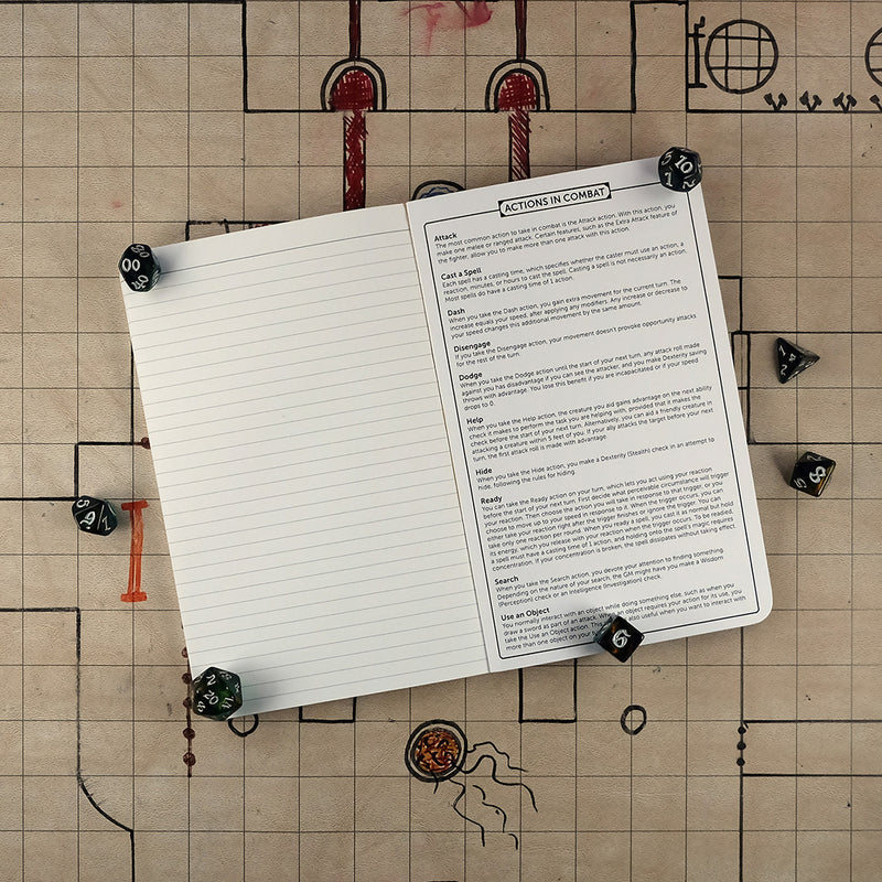 Last page and inside back cover of the ranger notebook with a ruled page for note taking on the left and a list of actions in combat on the right. The notebook sits on a grid map surrounded by dice.