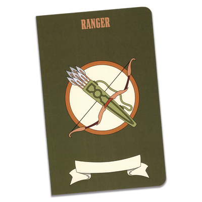 A large ranger notebook with a dark green cover and an illustration of a bow and a quiver of arrows on a transparent background.