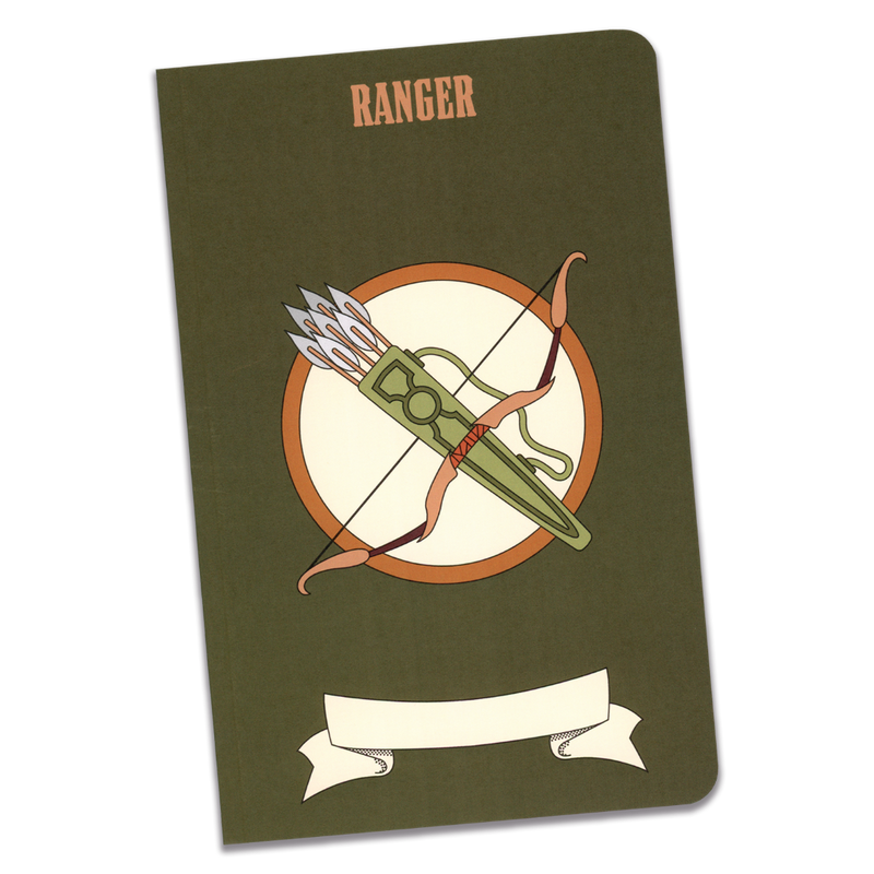 A large ranger notebook with a dark green cover and an illustration of a bow and a quiver of arrows on a transparent background.