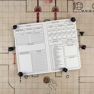 Inside cover and first page of the rogue notebook with a blank campaign tracking sheet on the left and a blank character sheet on the right. The notebook sits on a grid map surrounded by dice.