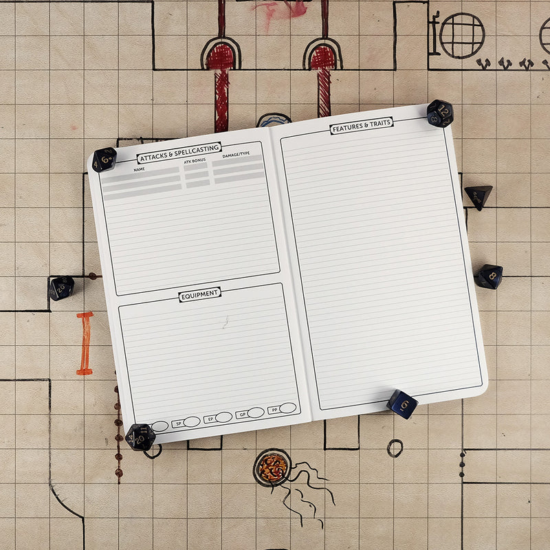 Second and third pages of the rogue notebook with areas for tracking attacks & spellcasting and equipment on the right and a ruled sheet for features & traits on the right. The notebook sits on a grid map surrounded by dice.